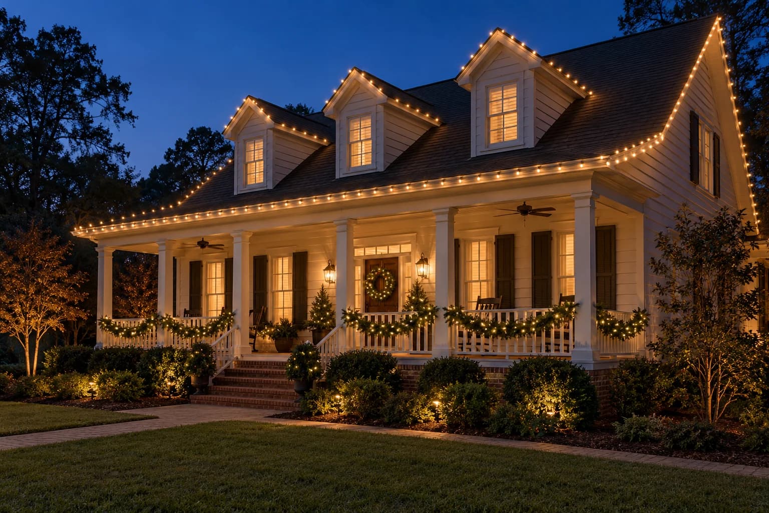 Southern front porch with Christmas lights and garland, a lighting concept