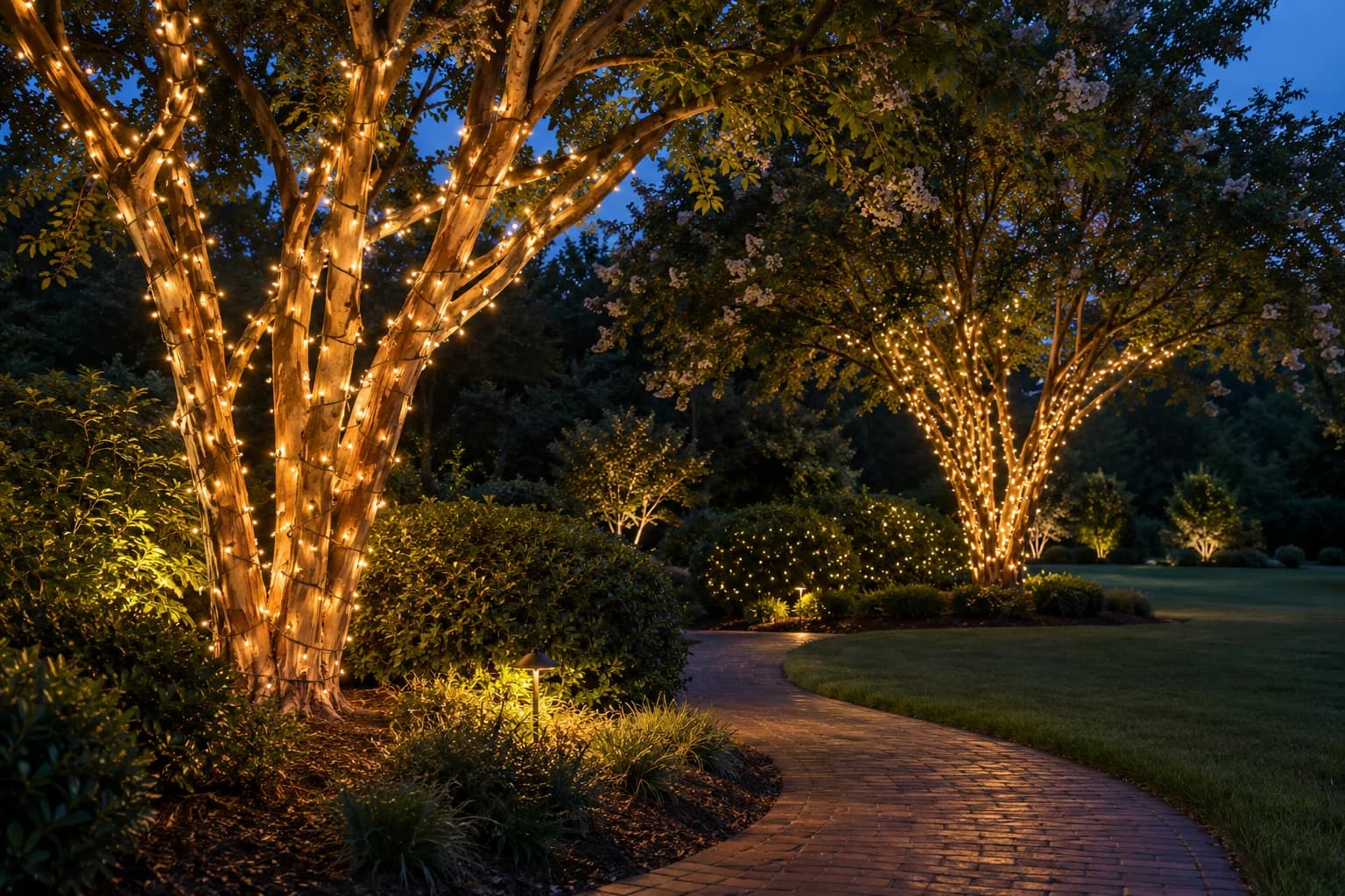 Garden trees wrapped in warm white Christmas string lights, a lighting concept