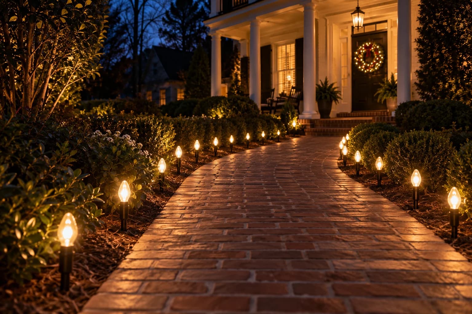 A brick walkway edged with Christmas stake lights, a lighting concept