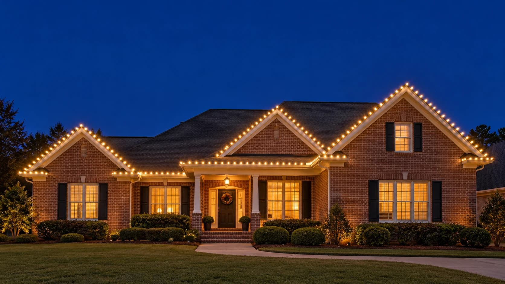 Brick home outlined with warm Christmas lights, a lighting concept