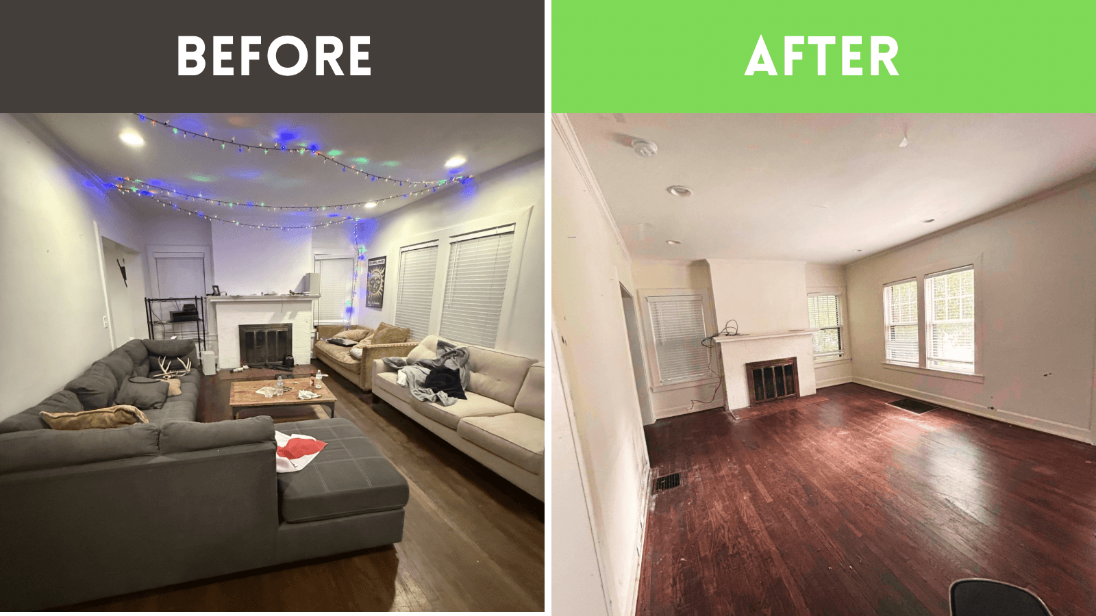 Before and after of a Haul Tide junk removal job in Tuscaloosa, AL