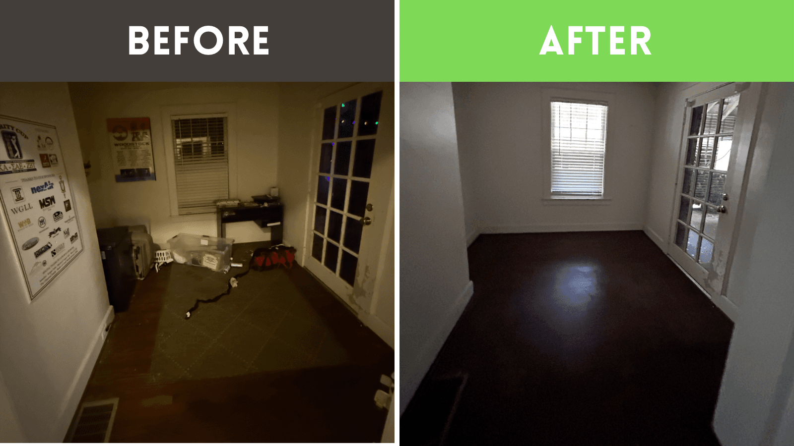Before and after of a Haul Tide cleanout job in Tuscaloosa, AL